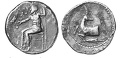 Νόμισμα Πραισού, 4ος αι.  π.Χ., Με το Δία αετοφόρο, σε  θρόνο κρατώντας σκήπτρο και την τροφό του Αμάλθεια